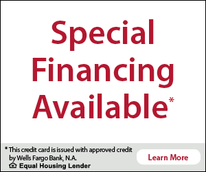 Ad with large red text, “Special Financing Available.” Small text below notes credit by Wells Fargo Bank. A button reads, “Learn More.” Equal Housing Lender logo displayed.
